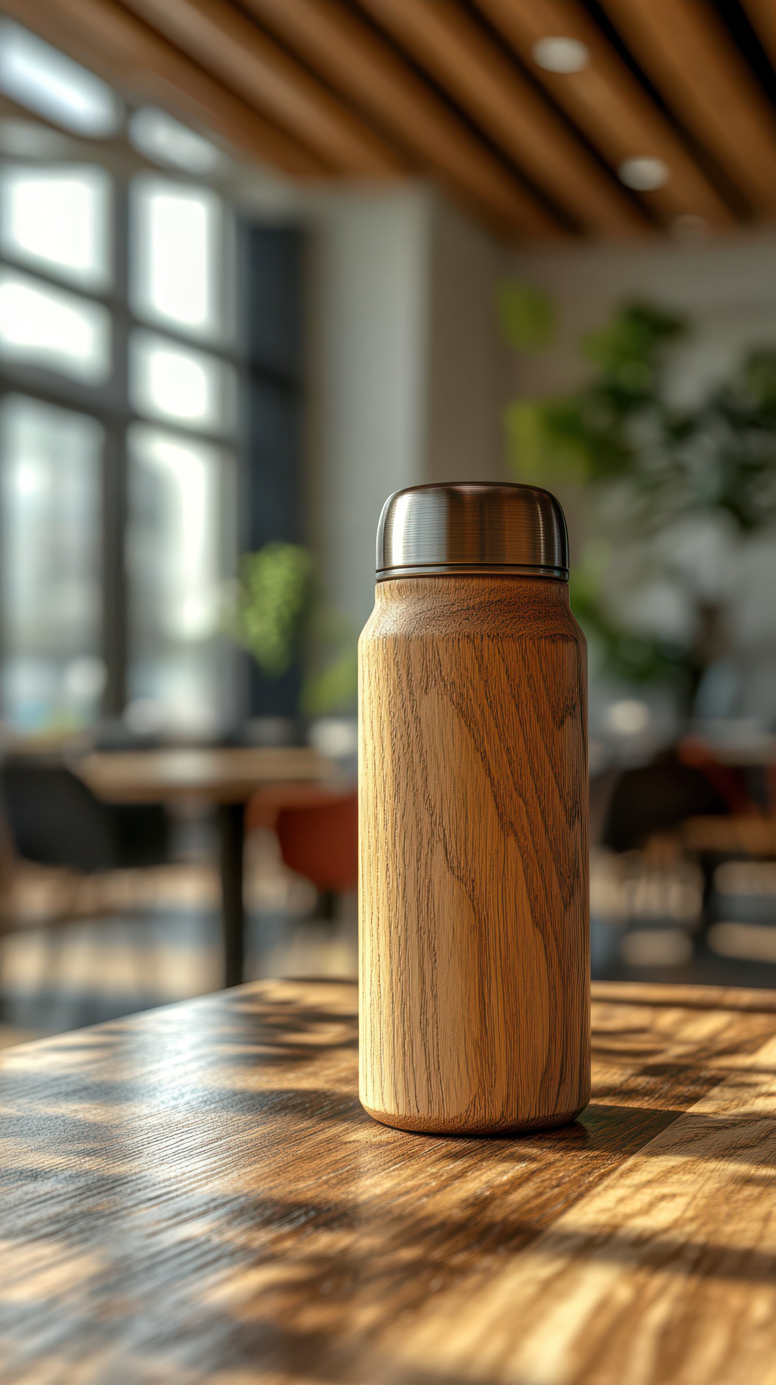 Stylish wooden thermos resting on a wooden table in a modern cafe filled with natural light